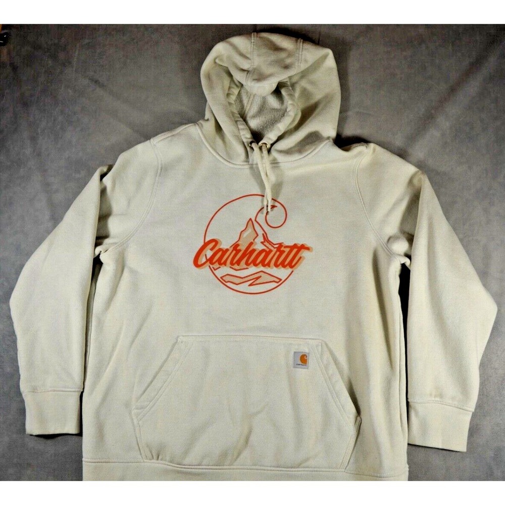 Carhartt Hoodie Womens XL Ivory‎ Kangaroo Pocket Pullover Long Sleeve Graphic